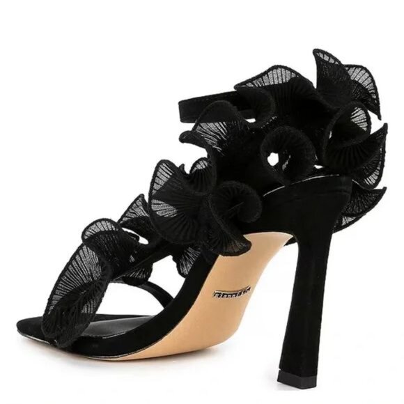 Gianni Bini Franz Sandals High Heels Size 6 Black Suede Chiffon Ruffle NEW - Picture 5 of 15